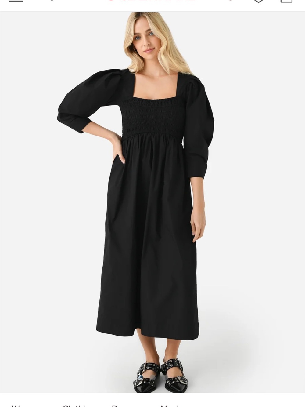 Ganni Cotton Poplin Open-Neck Smock Long Dress in Black